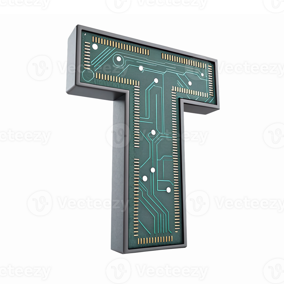 3D Letter T with Futuristic Circuit Board Design and Transparent Background png
