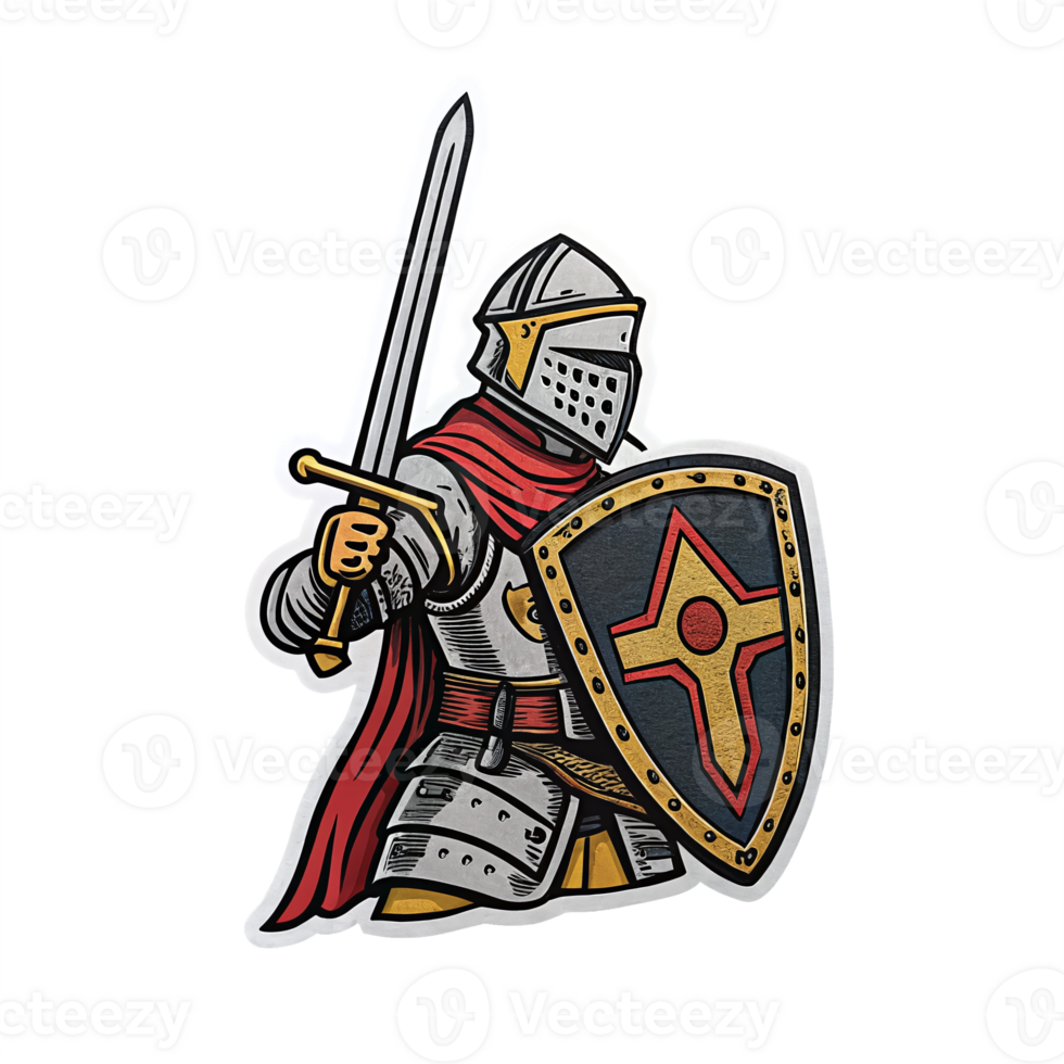 Knight in Armor Holding Sword and Shield with Detailed Design on Transparent Background png