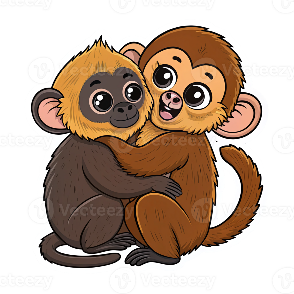 Cute Cartoon Monkeys Embracing with Big Eyes on Transparent Background Ideal for Childrens Designs png