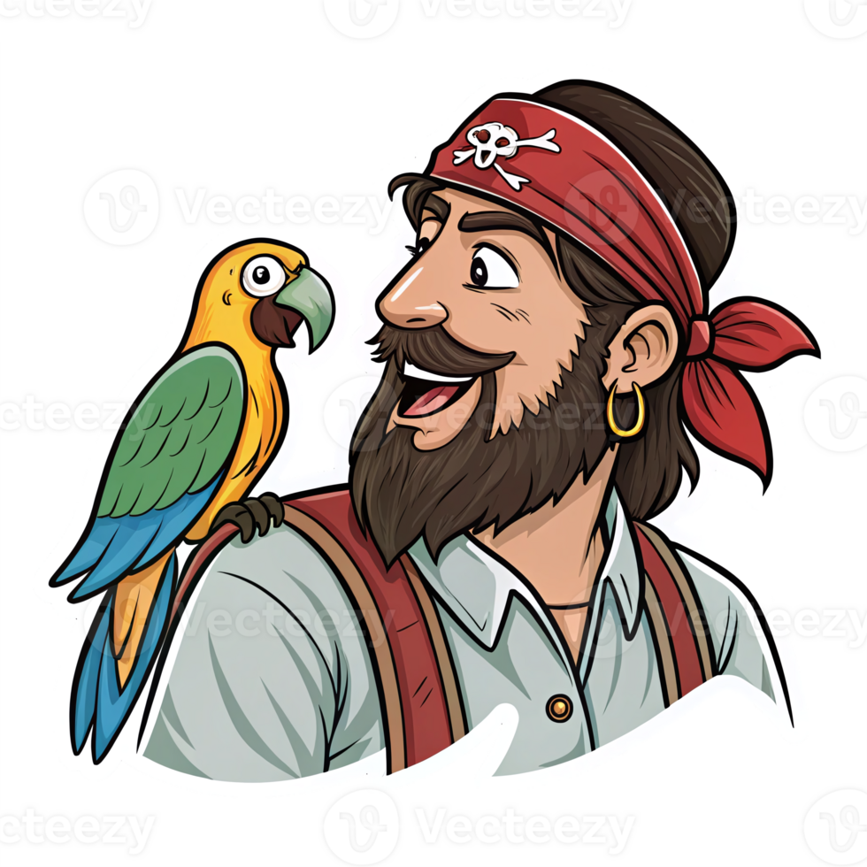 Cheerful Pirate with Parrot Illustration on Transparent Background png