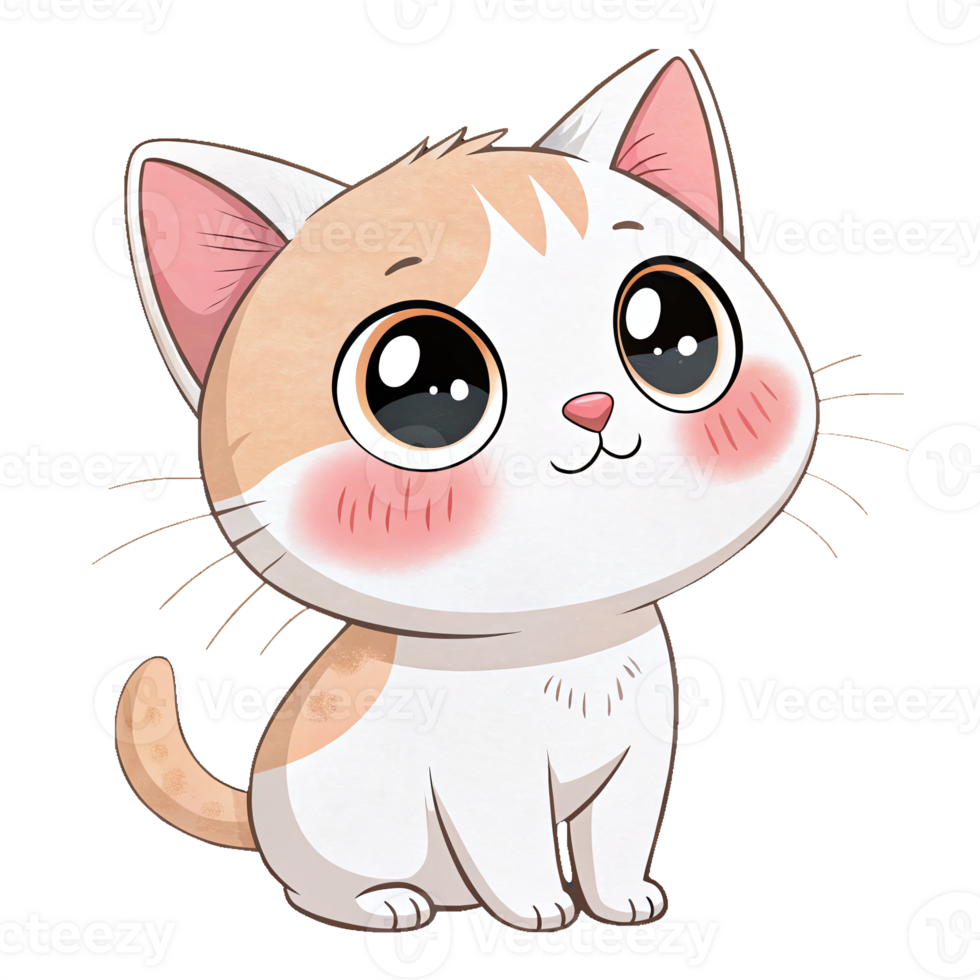 Cute Playful Cartoon Cat Character with Big Eyes and Smiling Expression on Transparent Background png