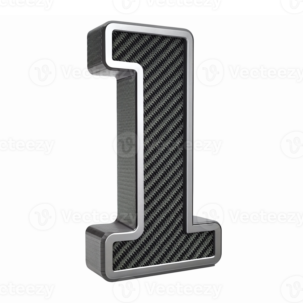 Three Dimensional Metallic Number One with Carbon Fiber Texture on Transparent Background png