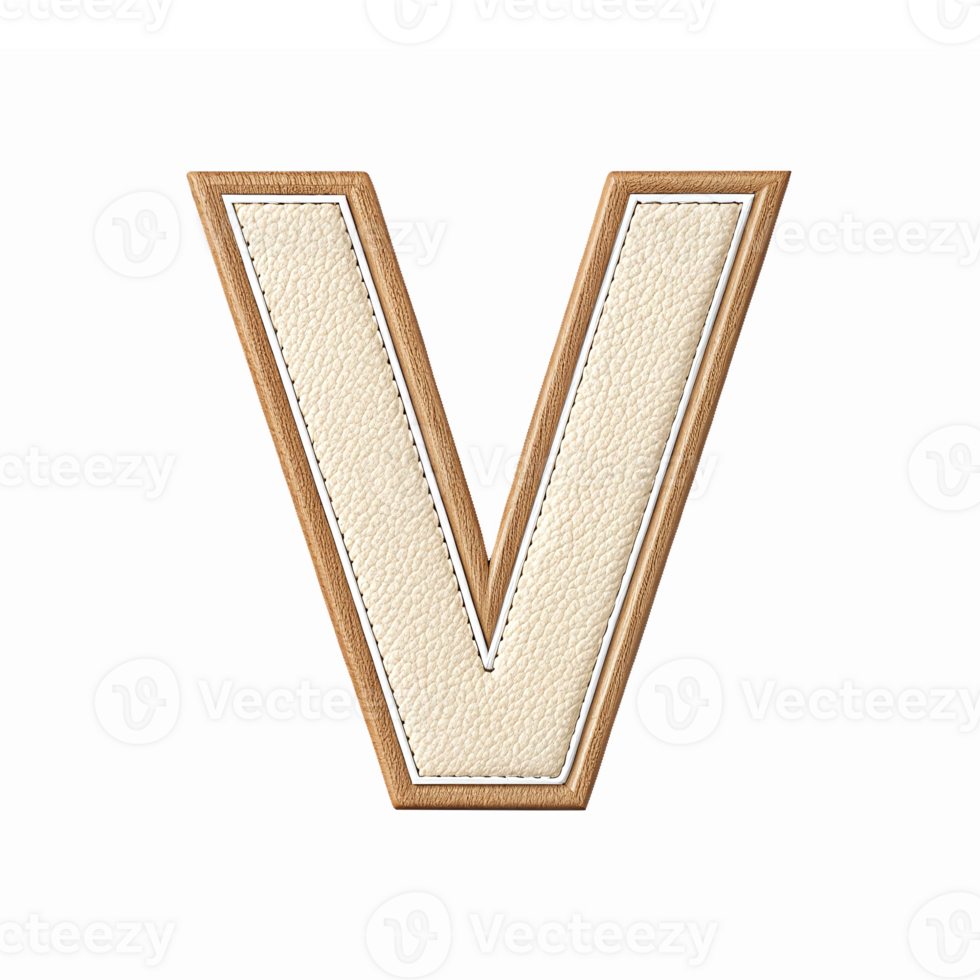 Wooden V Letter with Textured Cream Leather Style and Stitched Outline on Transparent Background png