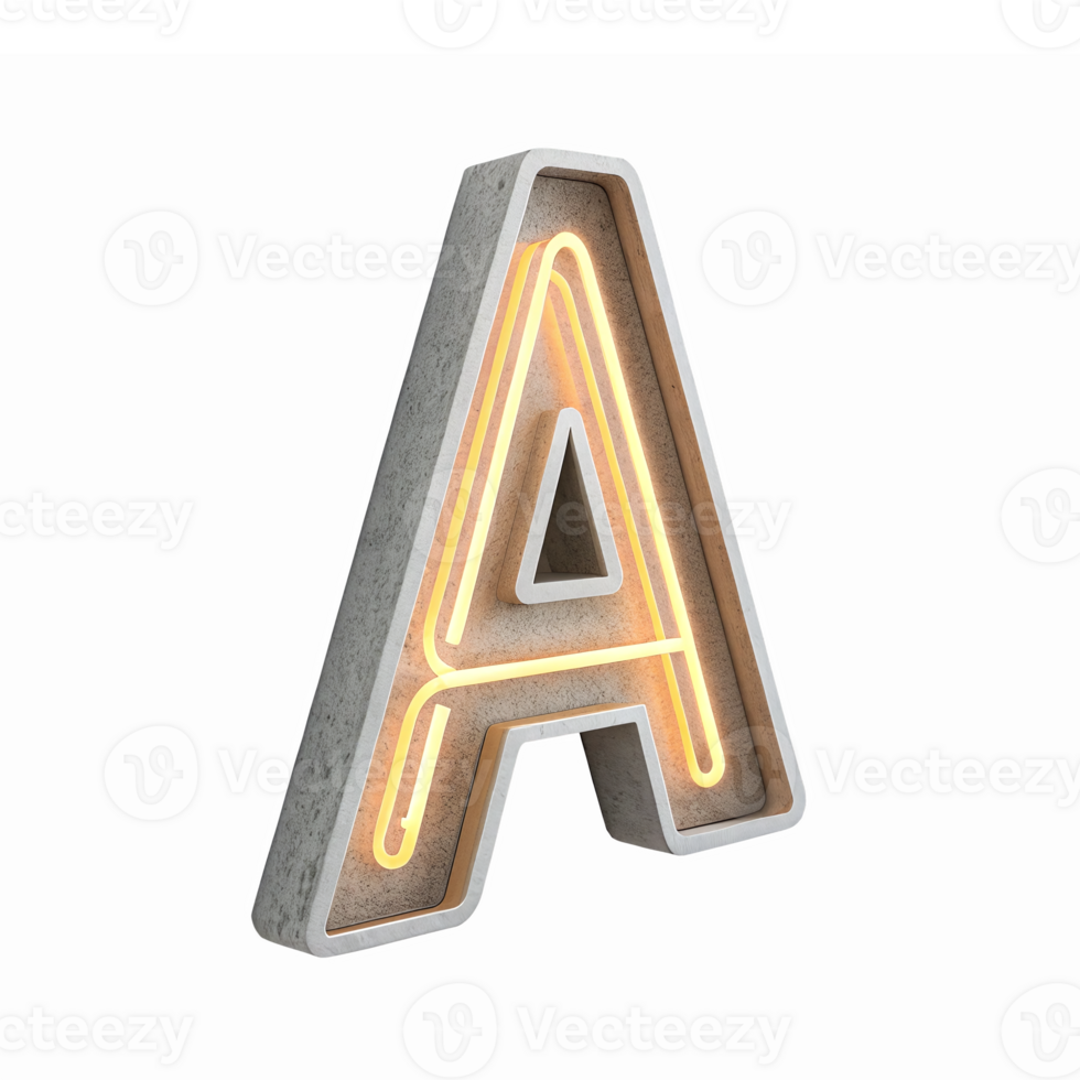 Stylish 3D Concrete Letter A with Glowing Neon Lights on Transparent Background png