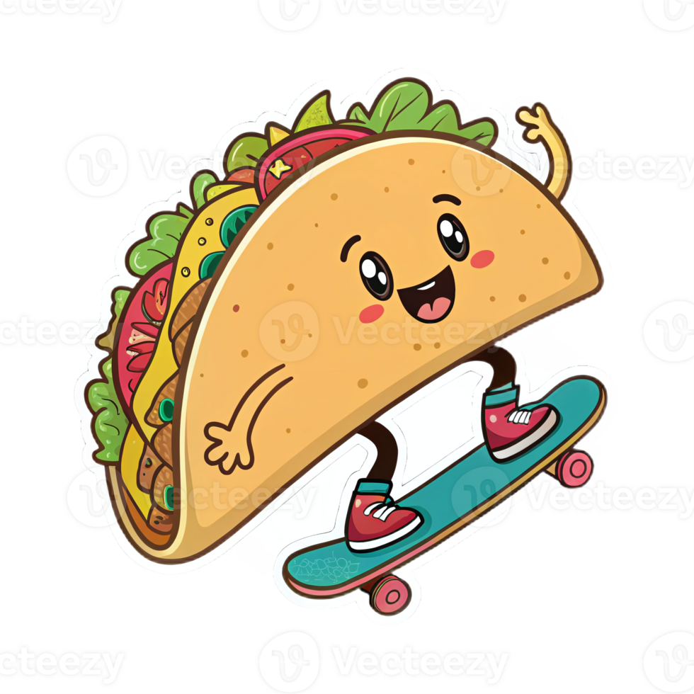 Cheerful Animated Taco Character Skateboarding with Colorful Toppings on Transparent Background png