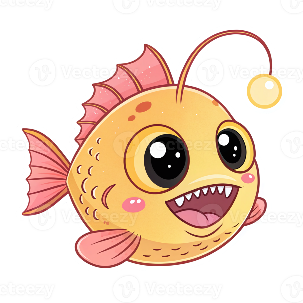 Cute Cartoon Anglerfish with Big Eyes and Smiling Face on Transparent Background png
