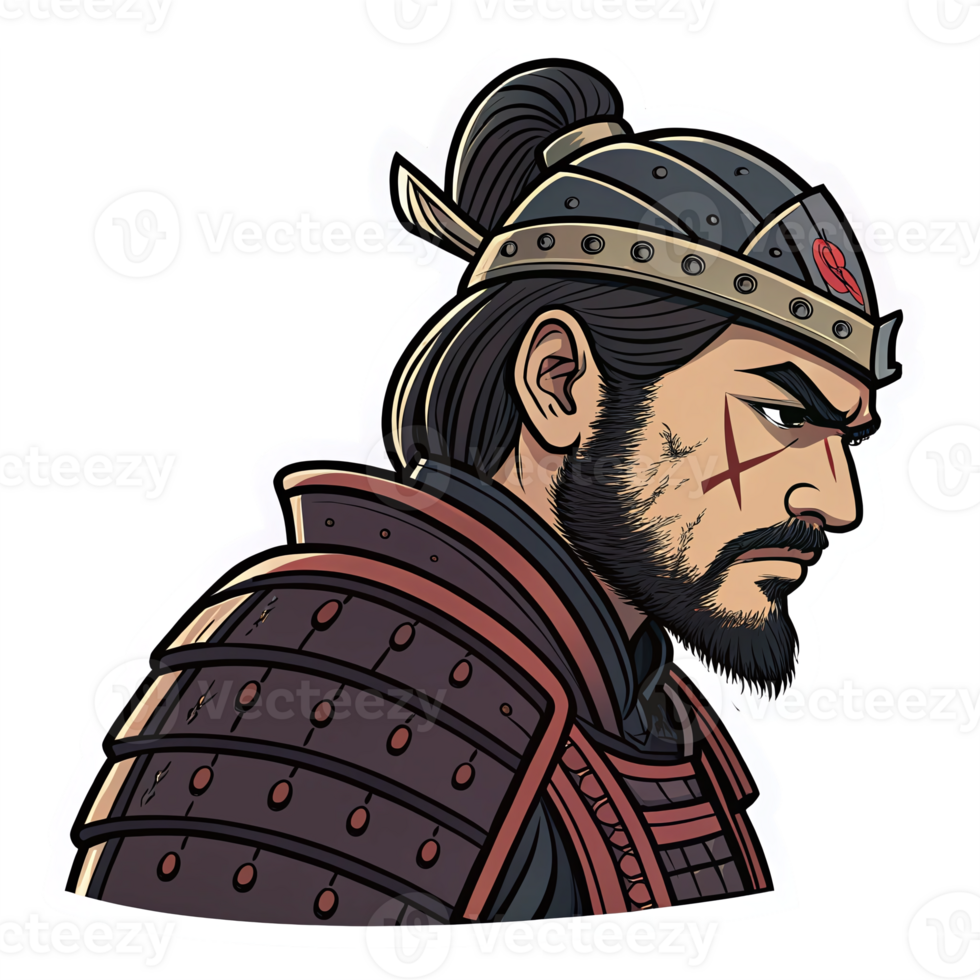 Epic Samurai Warrior Portrait with Armor and Intense Expression on Transparent Background png
