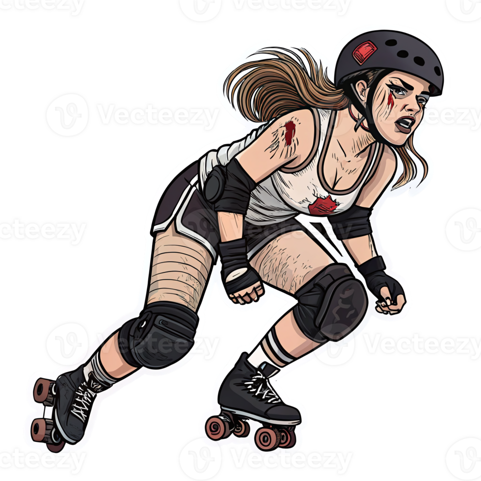 Dynamic Roller Derby Girl in Action with Scuffs and Intense Expression on Transparent Background png