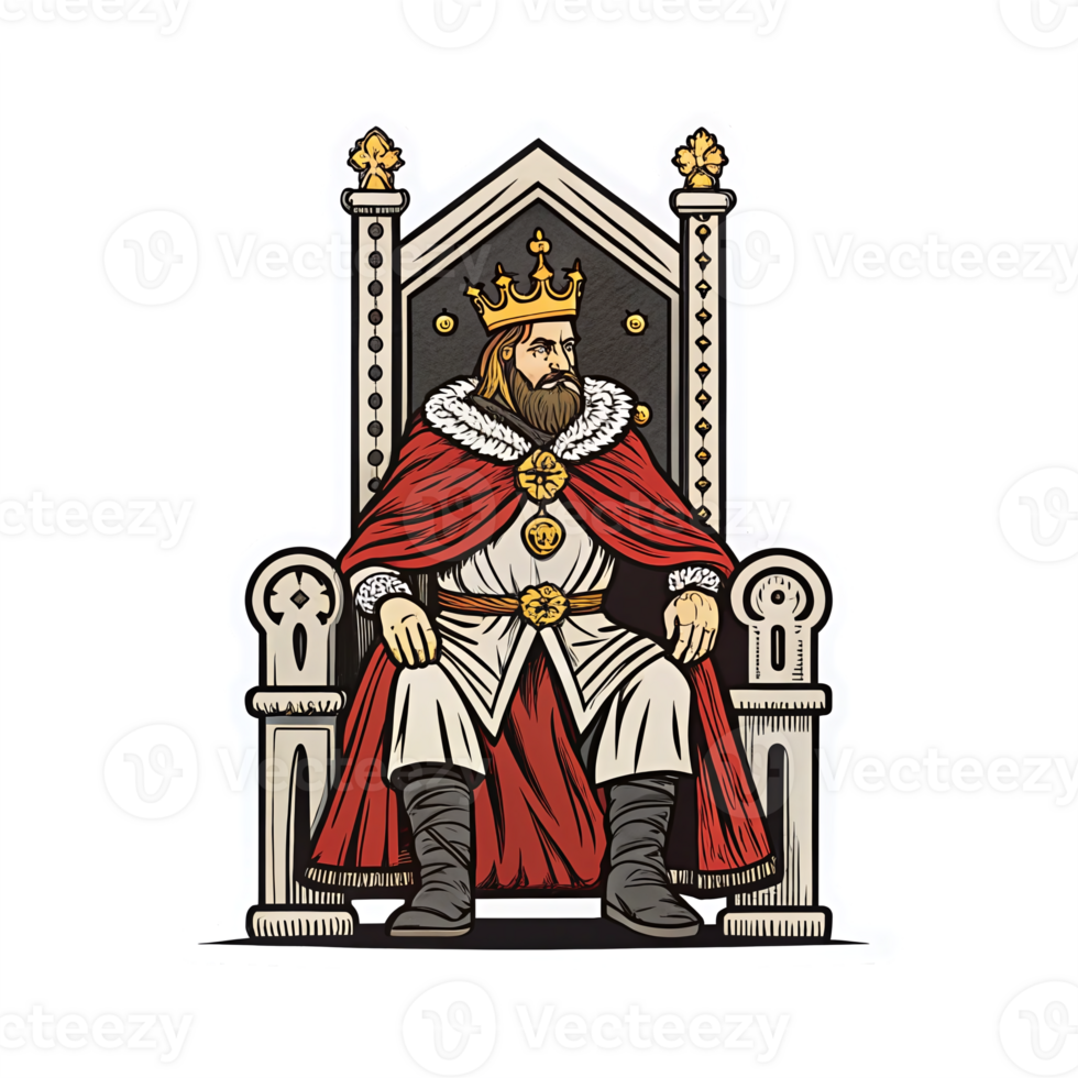 Majestic King Sitting on Throne with Regal Crown and Robes Illustration for Fantasy Themes png