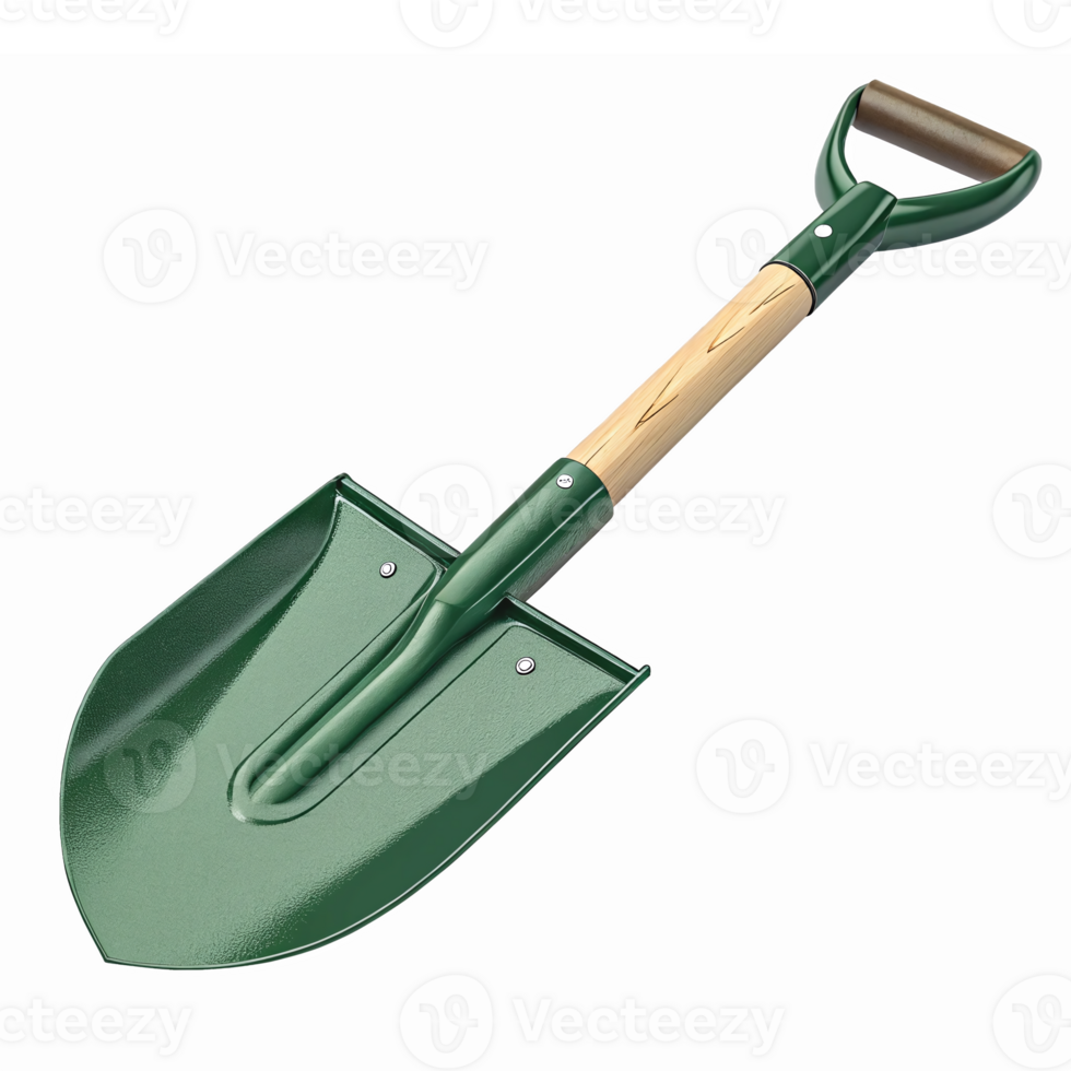 Green Garden Shovel with Wooden Handle Front View No Background for Landscaping and Gardening png