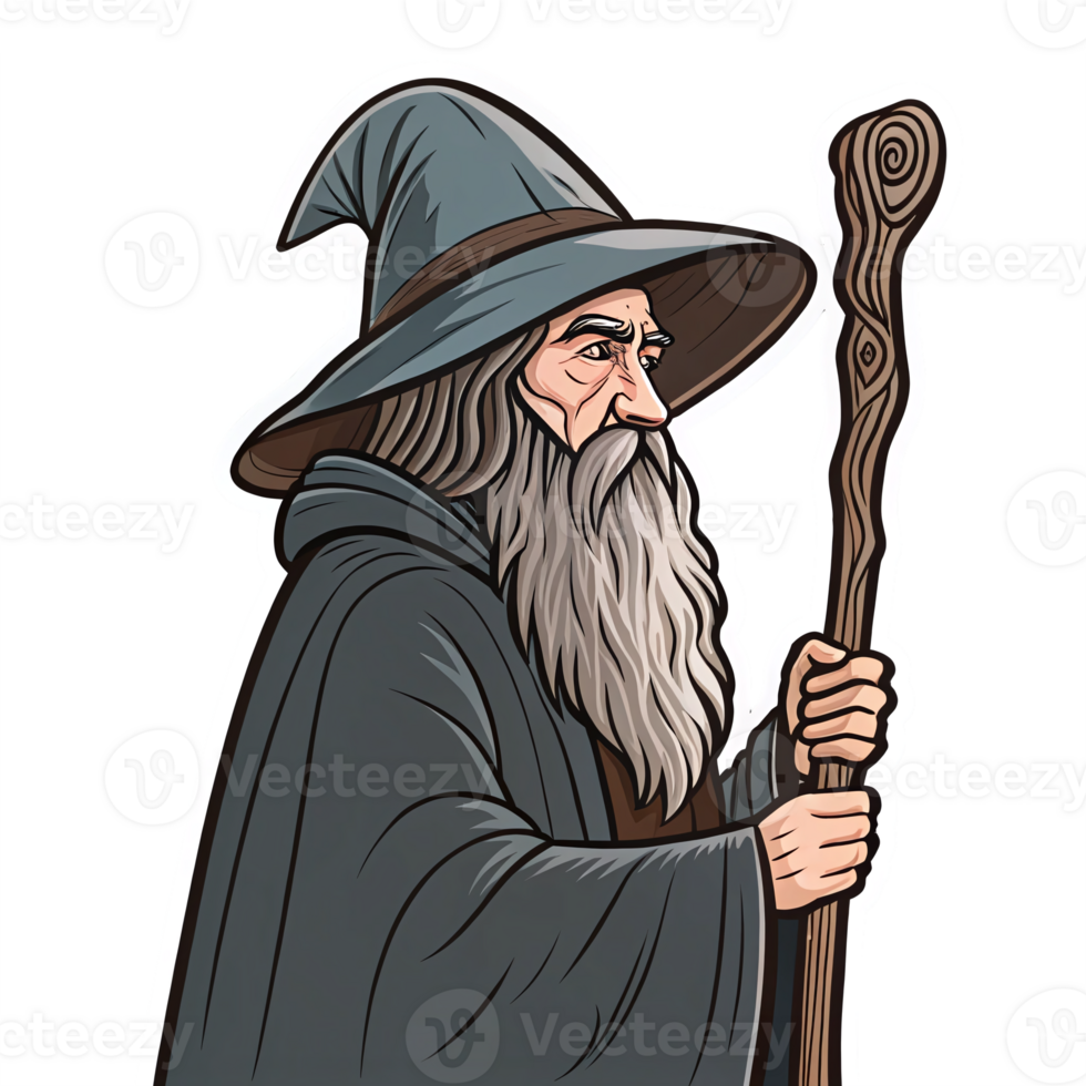 Wise Old Wizard Mage Holding Staff with Long Beard and Pointed Hat on Transparent Background png