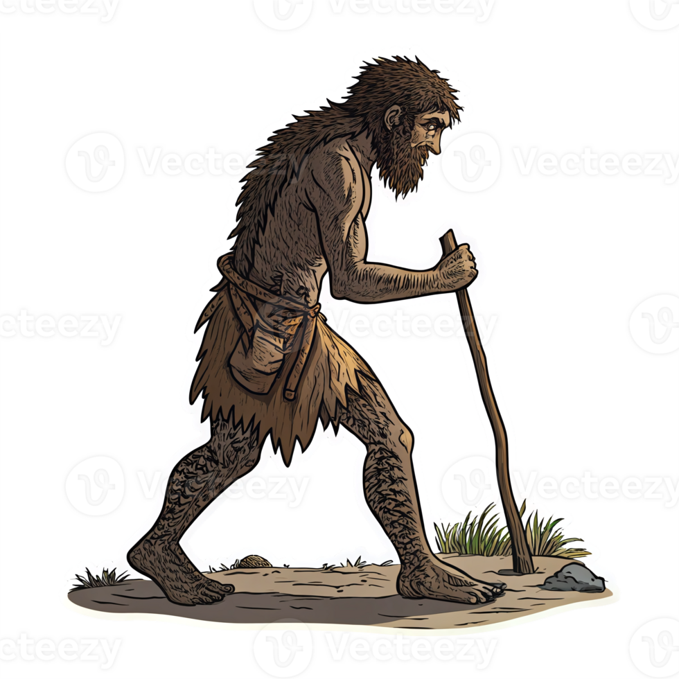 Prehistoric Man Walking with Stick in Nature Illustrating Early Human Survival Skills png
