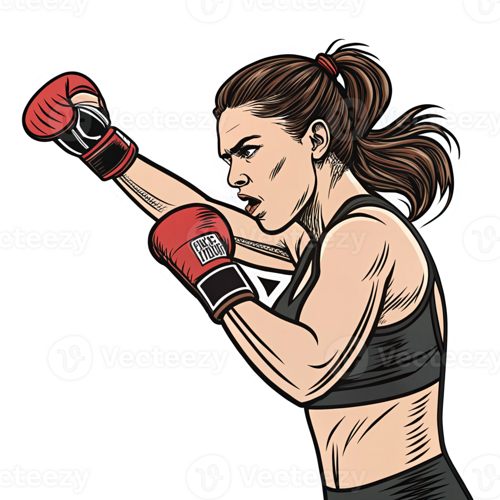 Female Boxer Throwing Punch in Red Gloves Dynamic Action Illustration Transparent Background png