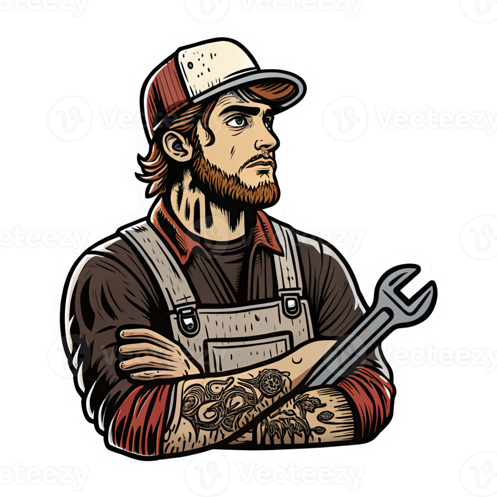 Skilled Mechanic with Wrench and Tattoos in Vintage Workwear on Transparent Background png