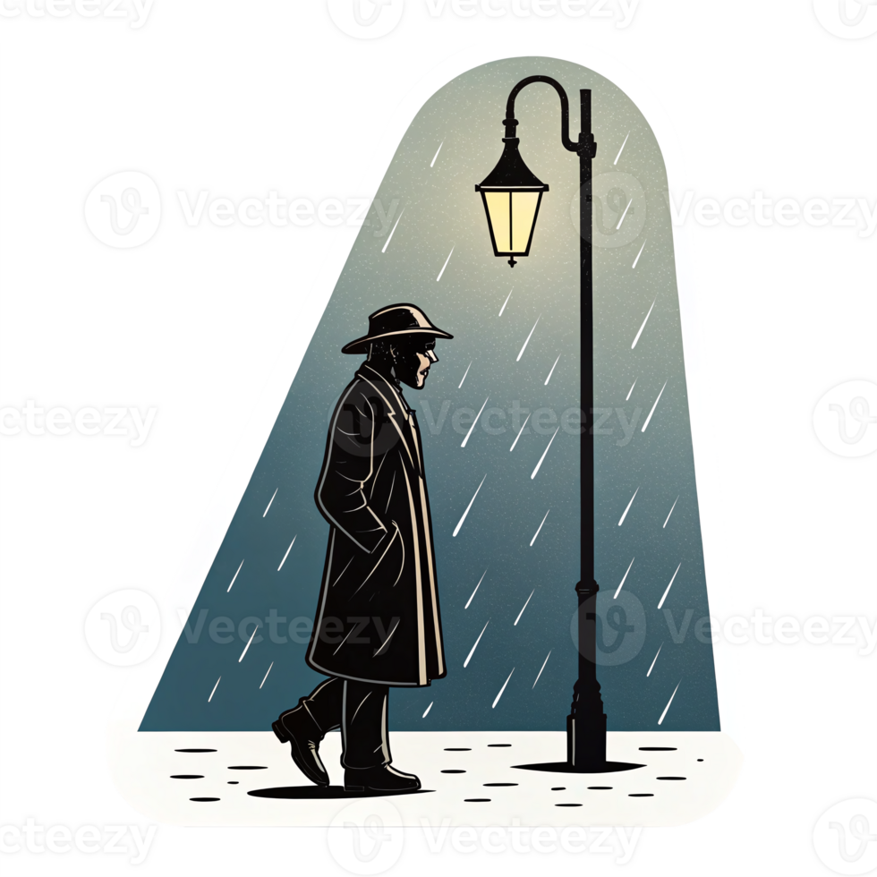 Mysterious Man Walking Under Streetlamp in the Rain on Transparent Background png