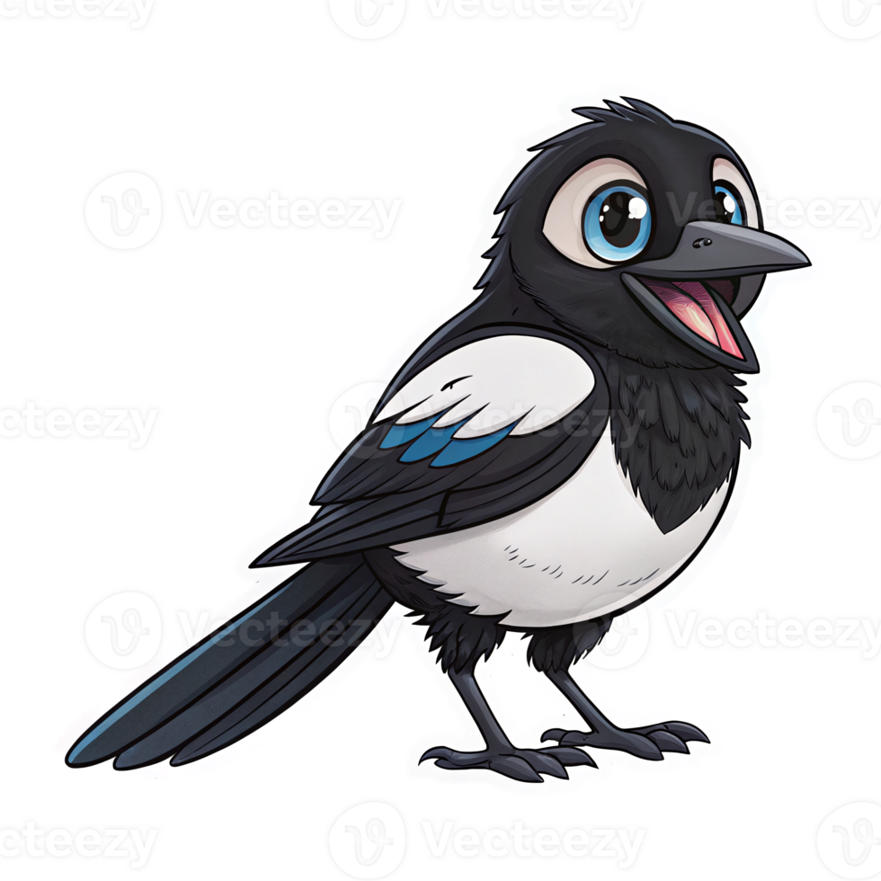 Cheerful Cartoon Magpie Bird Illustration with Wide Eyes and Playful Expression on Transparent Background png