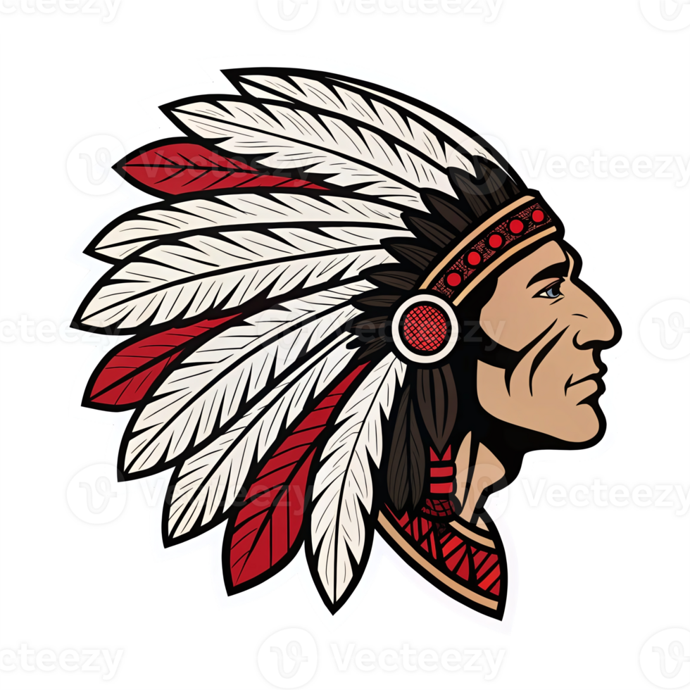 Native American Chief with Colorful Feather Headdress on Transparent Background png