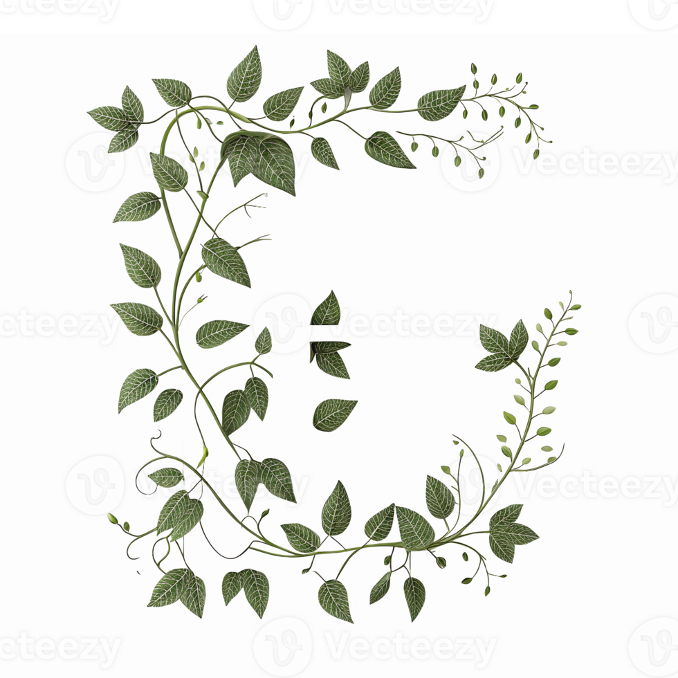 Decorative Green Leafy Alphabet Letter C Design with Botanical Elements on Transparent Background png