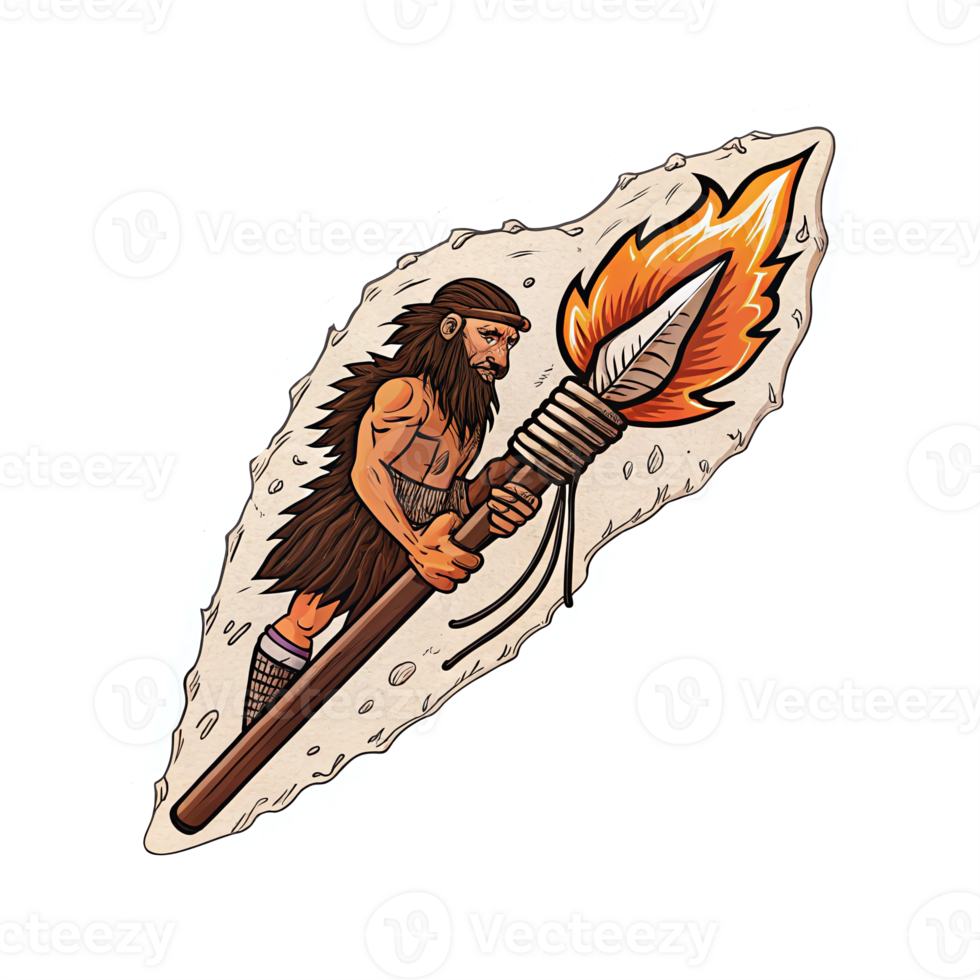 Caveman Holding Flaming Spear on Stone Background with Transparent Effect png