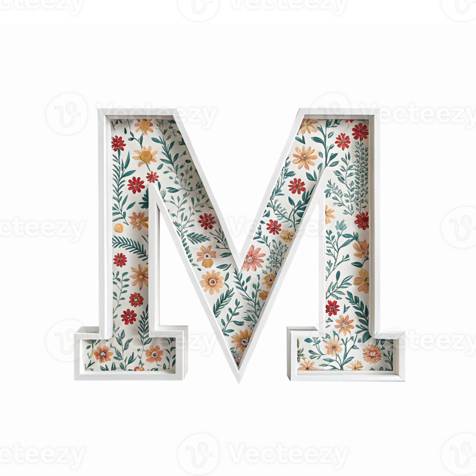Floral Letter M Design with Colorful Botanical Patterns for Creative Projects and Decor png