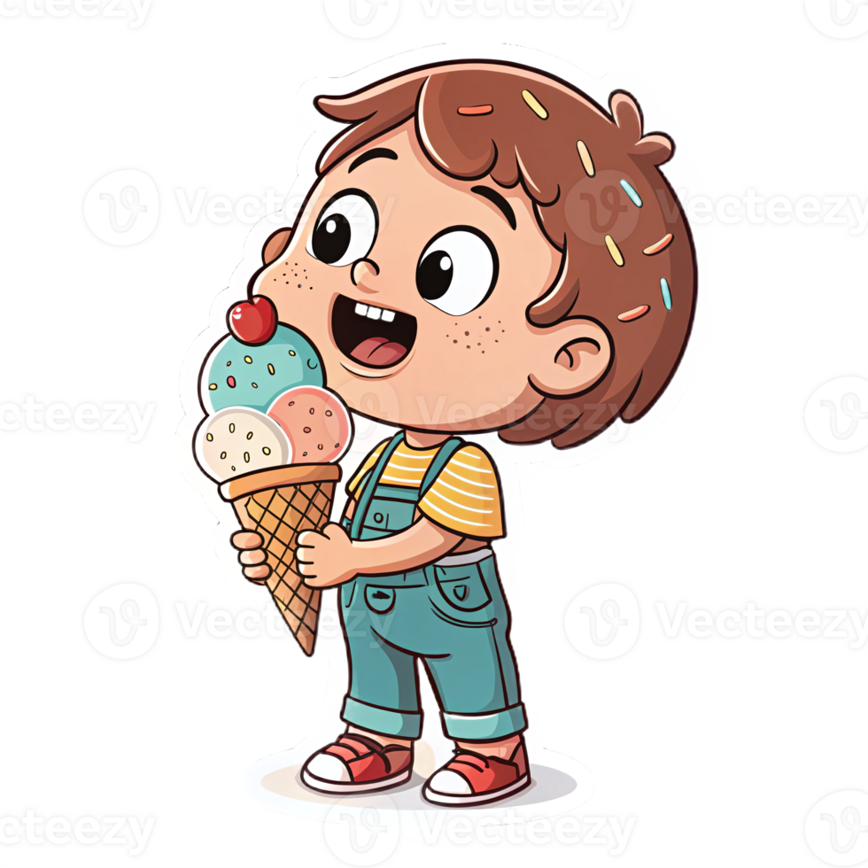 Happy Child Enjoying Colorful Ice Cream Cone with Sprinkles and Cherry on Top png