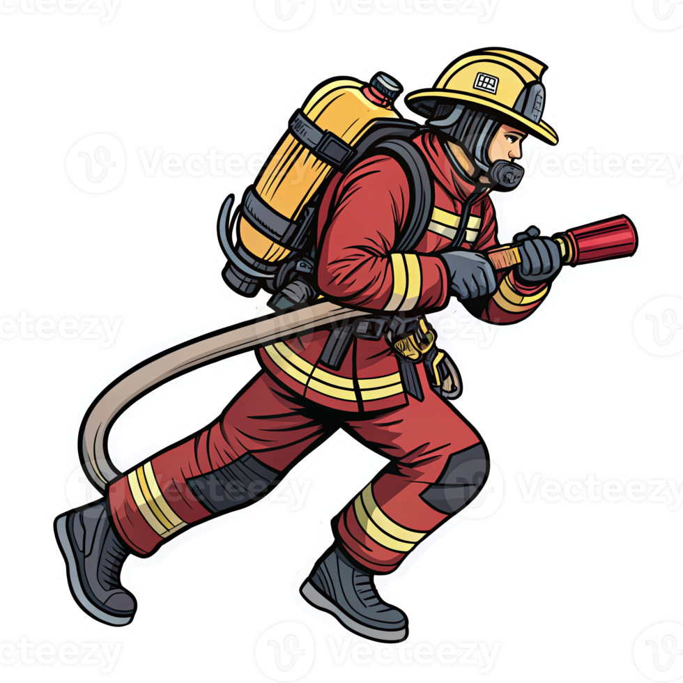 Vibrant Firefighter in Action Wearing Helmet with Fire Hose for Emergency Rescue Services png