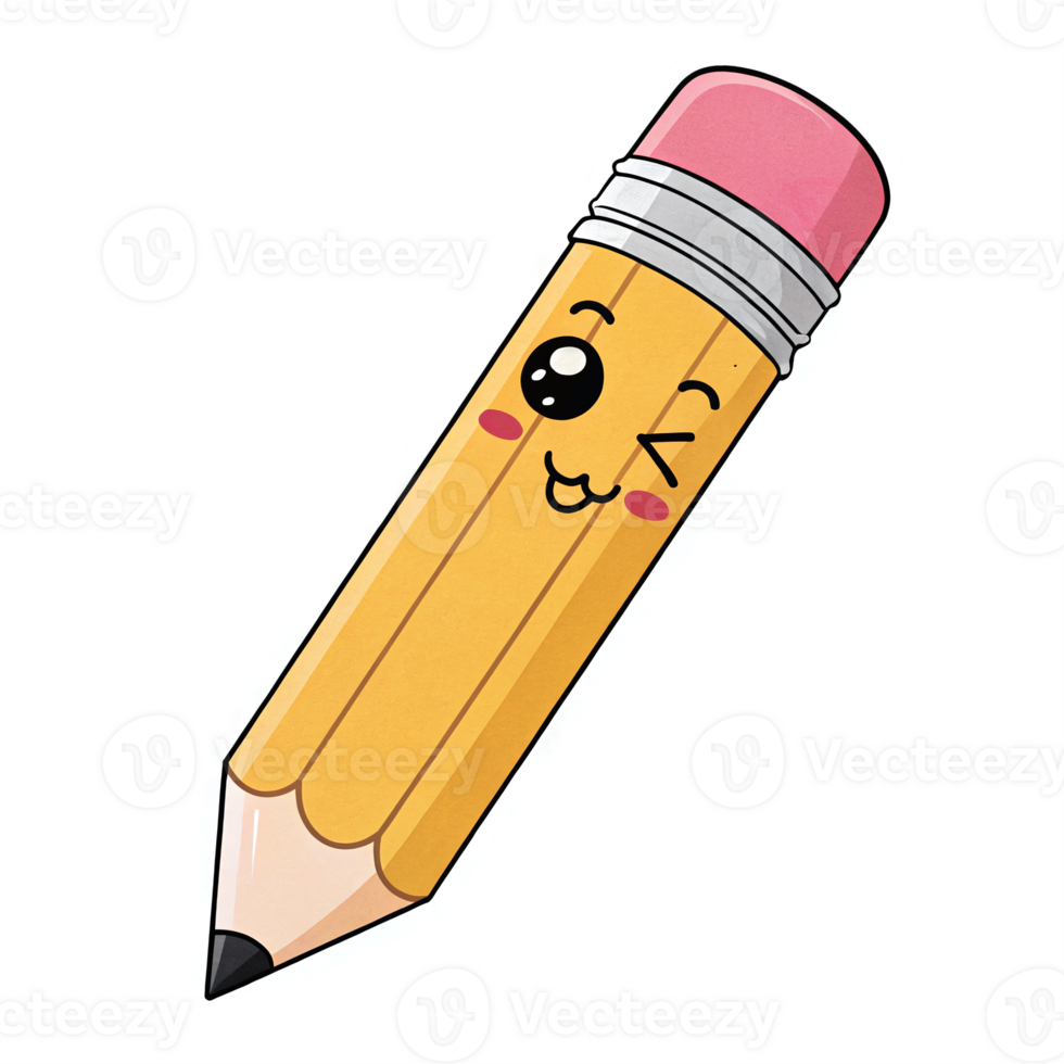 Kawaii Smiling Pencil Character with Cute Face and Pink Eraser on Transparent Background png