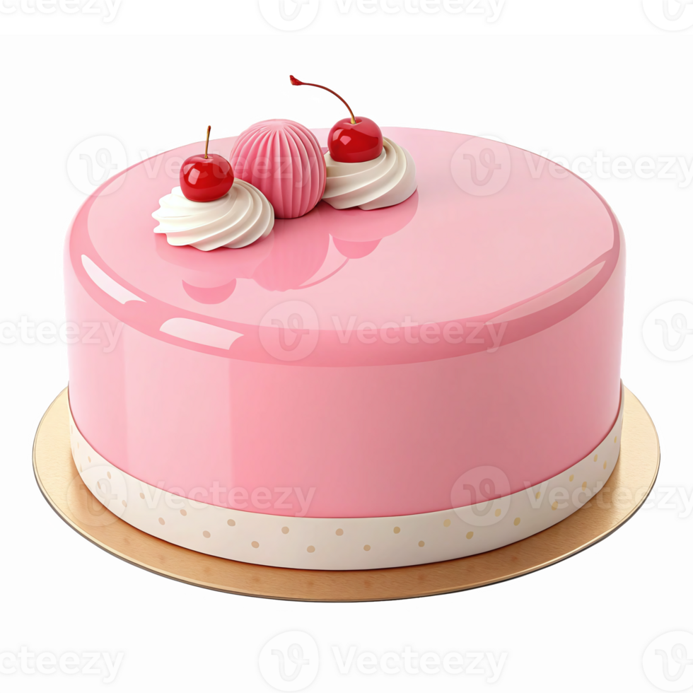 Delicious Pink Cake with Cherry Toppings and Creamy Swirls on a Golden Base png