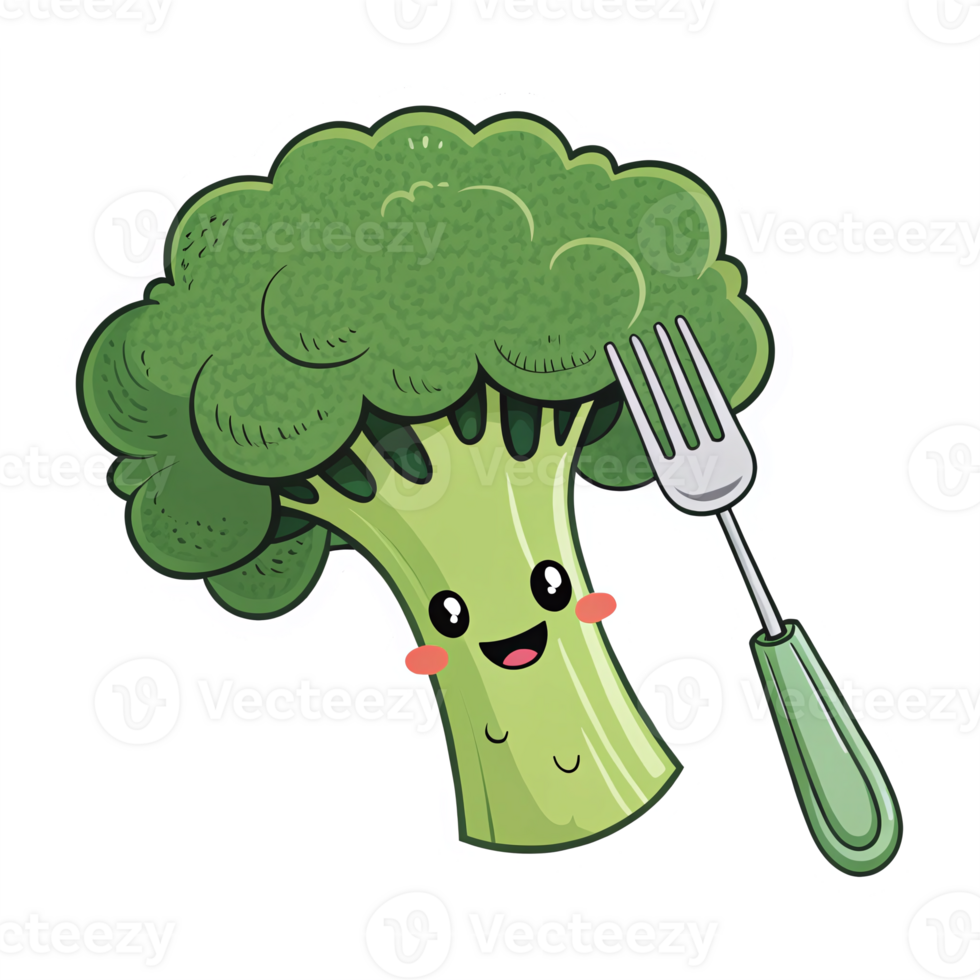 Cute Cartoon Broccoli Character with Fork Smiling on Transparent Background png