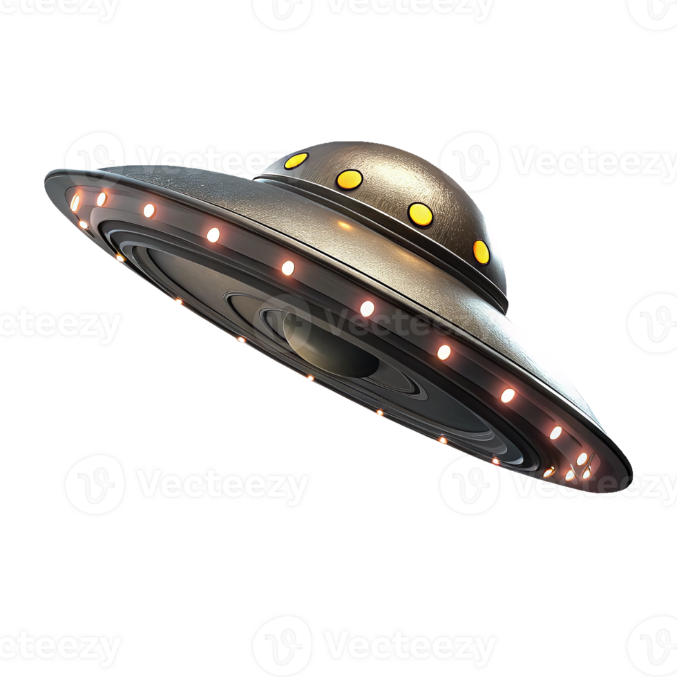 Realistic Metallic UFO with Bright Lights for Sci-Fi Themes and Designs png