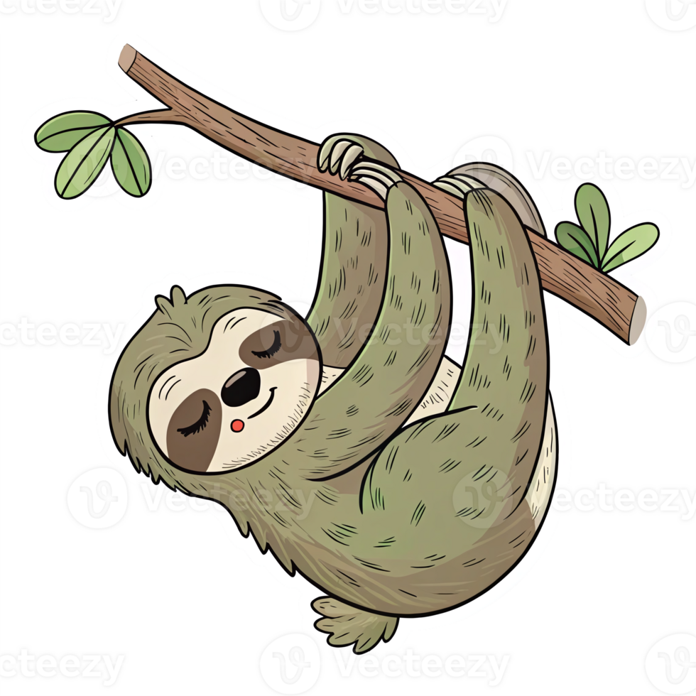 Cute Cartoon Sloth Hanging from Tree Branch on Transparent Background png