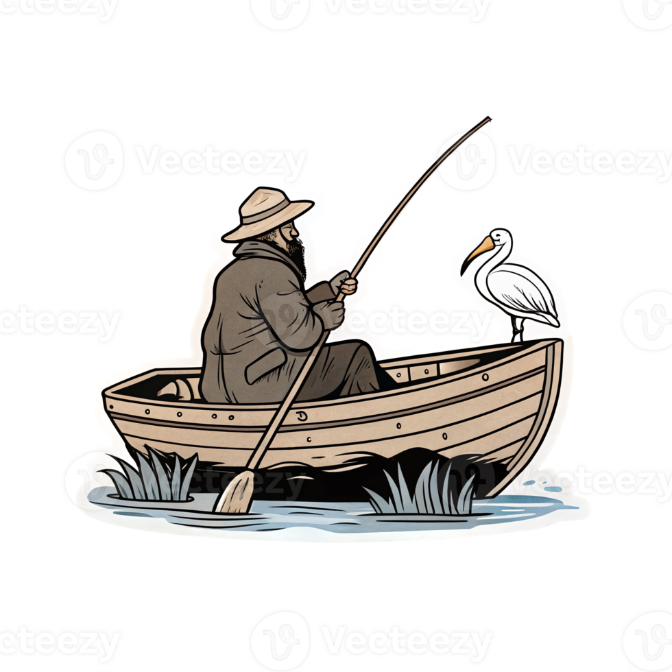 Fisherman in a Boat with a Heron on a Lake Fishermans Fishing Scene Illustration png