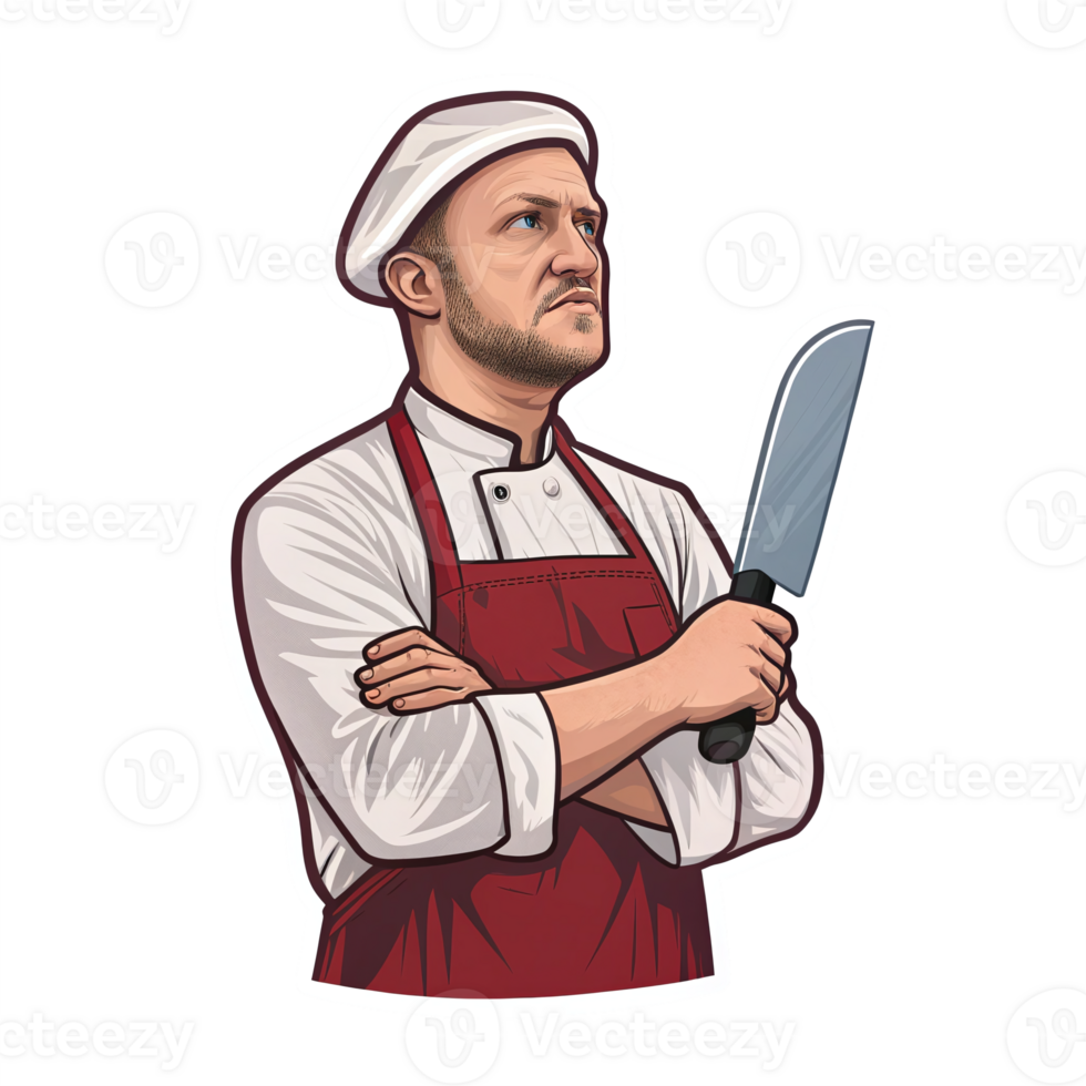 Confident Chef Holding Knife in Apron with Focused Expression on Transparent Background png