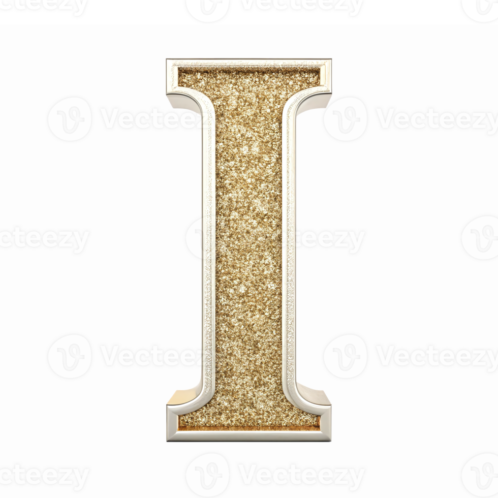Shiny Glittering Gold Letter I with Elegant Border on Transparent Background png