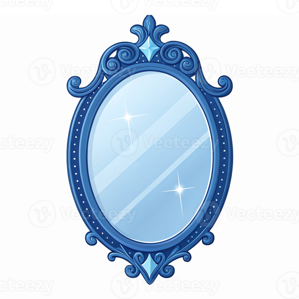 Elegant Blue Ornate Framed Mirror Decorative Element with Sparkling Reflections Transparent Background png