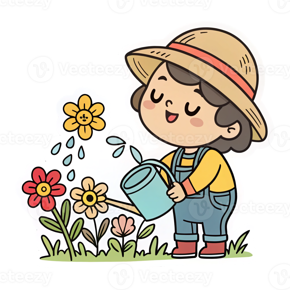 Happy Child Watering Colorful Flowers in Garden with Transparent Background png