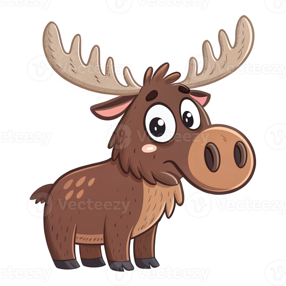 Cute Cartoon Moose Character with Big Antlers and Friendly Expression on Transparent Background png