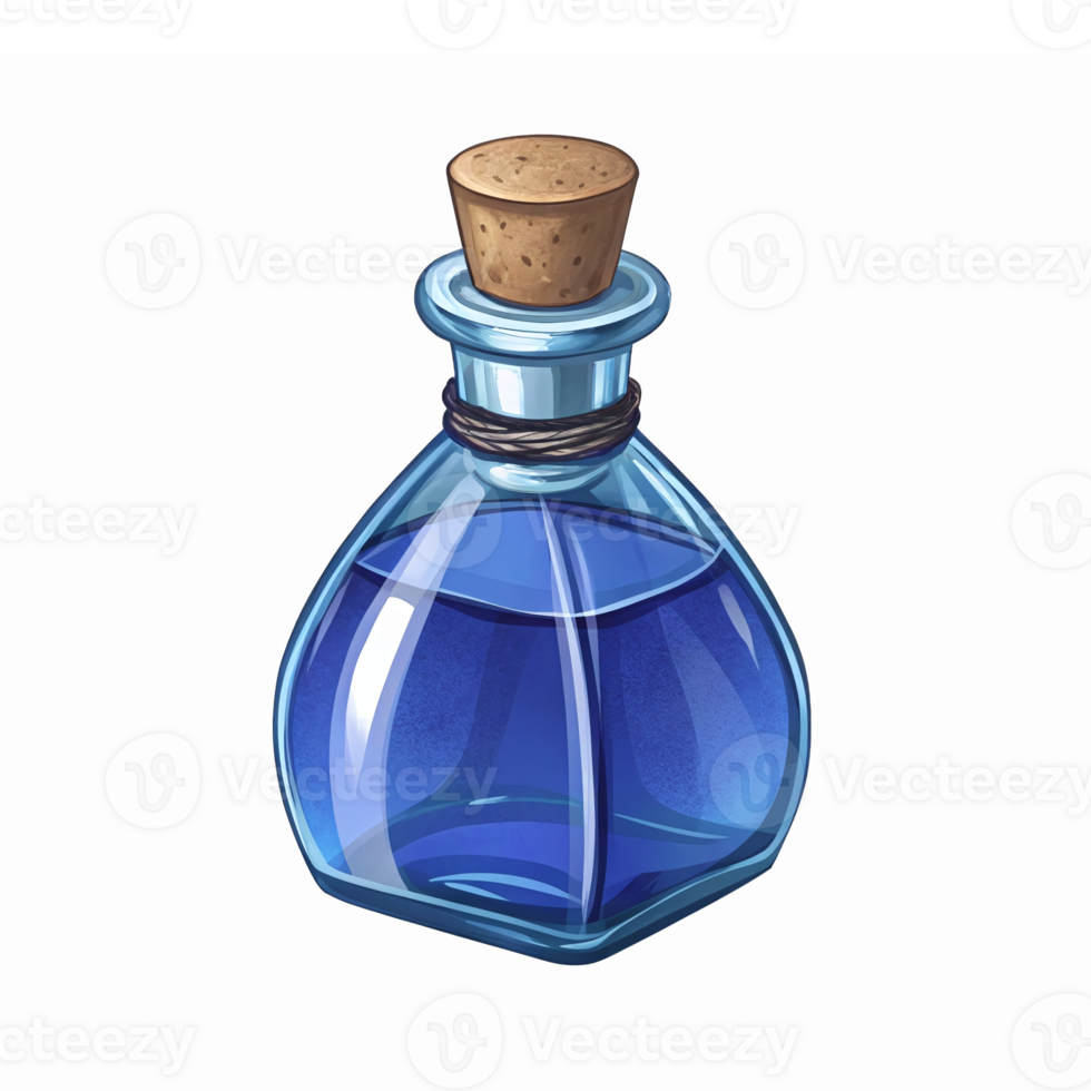 Blue Potion Bottle with Cork Top Transparent Background for Fantasy and Gaming Themes png