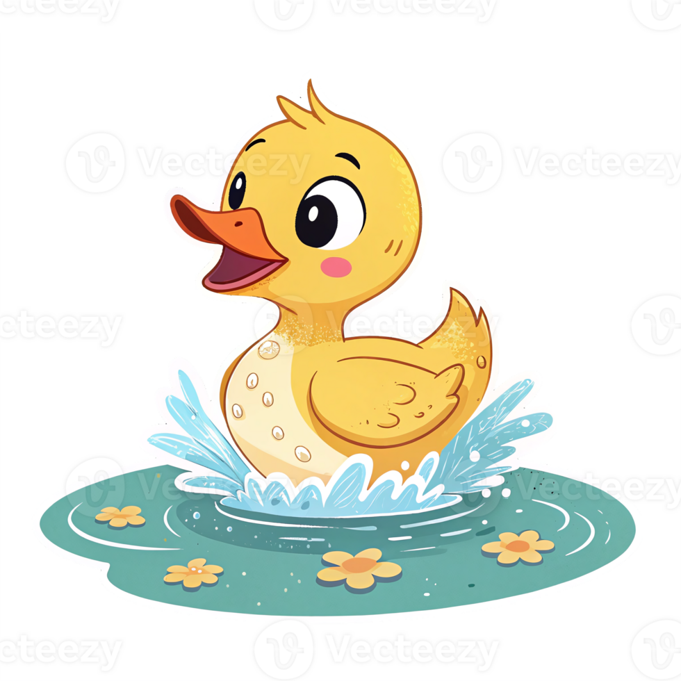 Cheerful Cartoon Duckling Swimming in a Splashing Pond with Flowers on a Transparent Background png