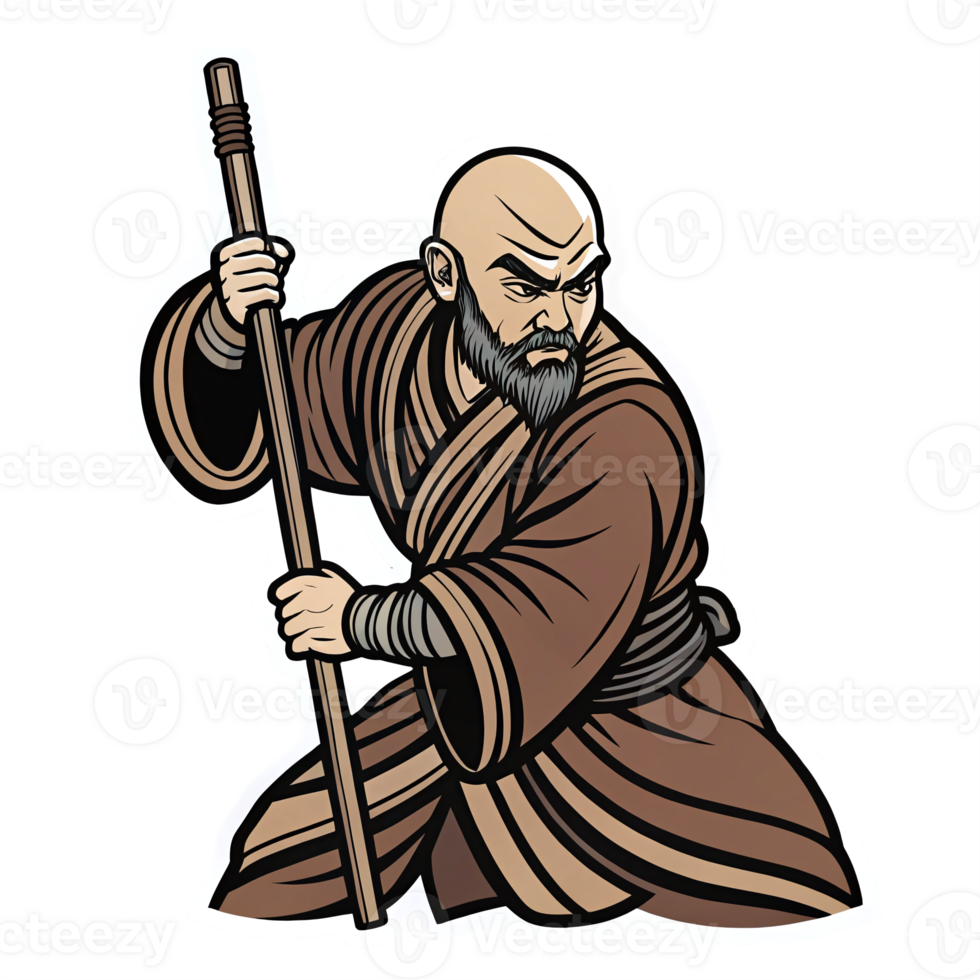 Martial Artist with Staff in Traditional Robes Dynamic Pose Transparent Background png
