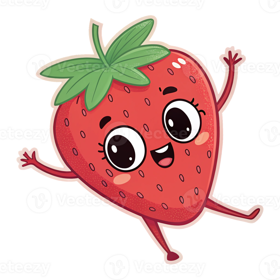 Happy Cartoon Strawberry Character with Arms and Legs on Transparent Background png
