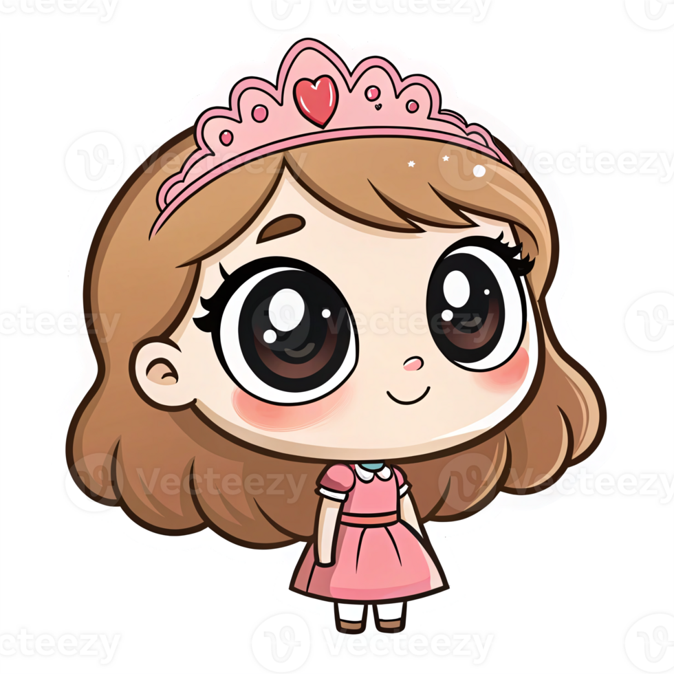 Cute Cartoon Girl Character with Crown Wearing Princess Dress Illustration png