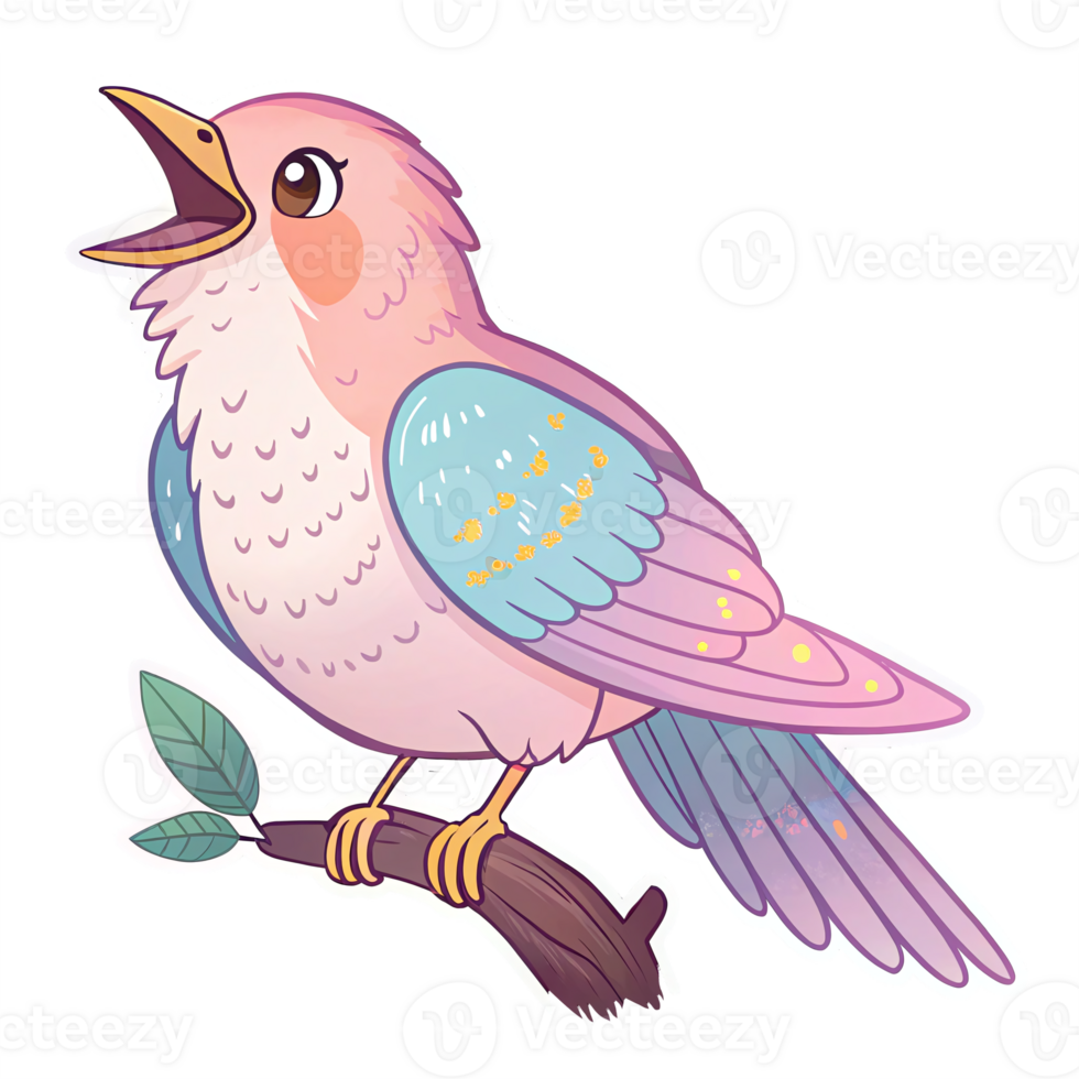 Colorful Cartoon Singing Bird with Floral Details on a Branch with Transparent Background png