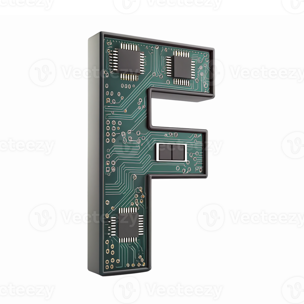 Letter F in Circuit Board Design with Electronic Components on Transparent Background png