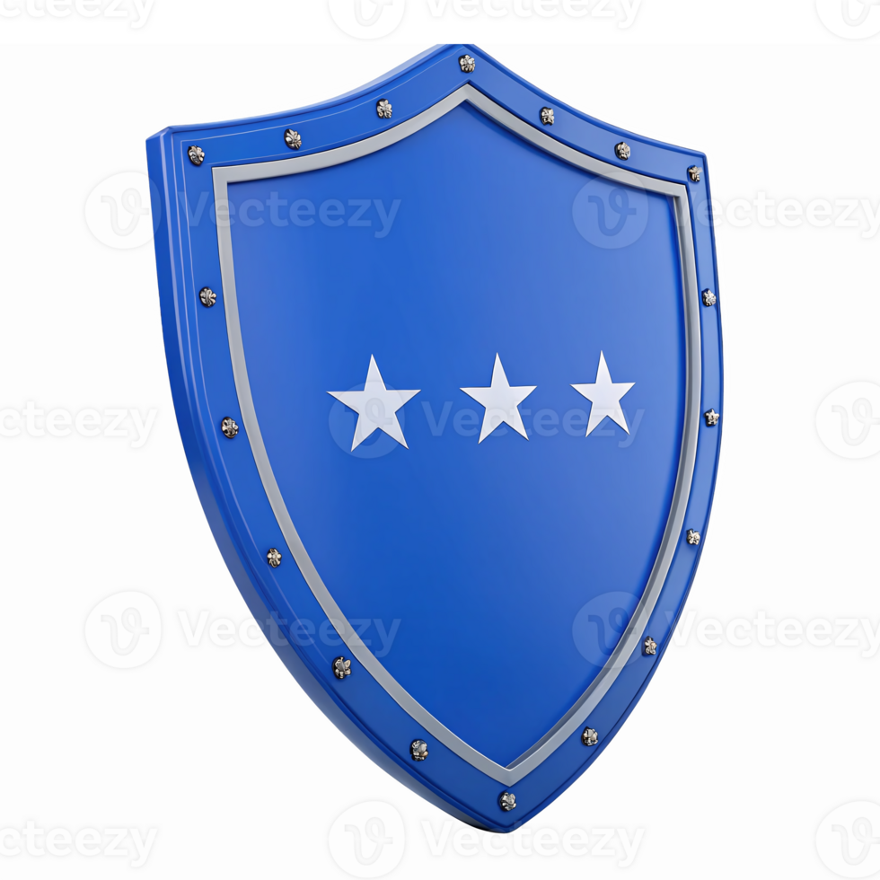 Blue Shield with Three Stars in Metallic Design on Transparent Background png