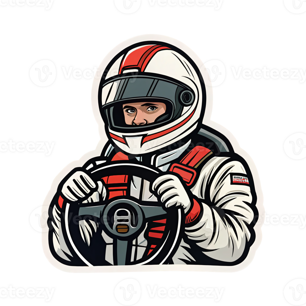 Racing Driver Cartoon Illustration in Protective Gear Holding Steering Wheel on Transparent Background png
