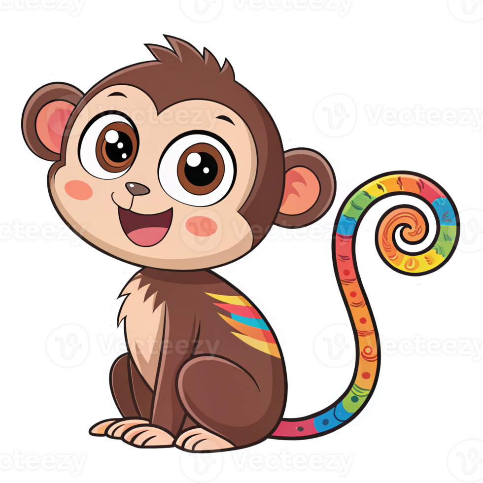 Cute Cartoon Monkey Character with Colorful Tail and Large Expressive Eyes on Transparent Background png