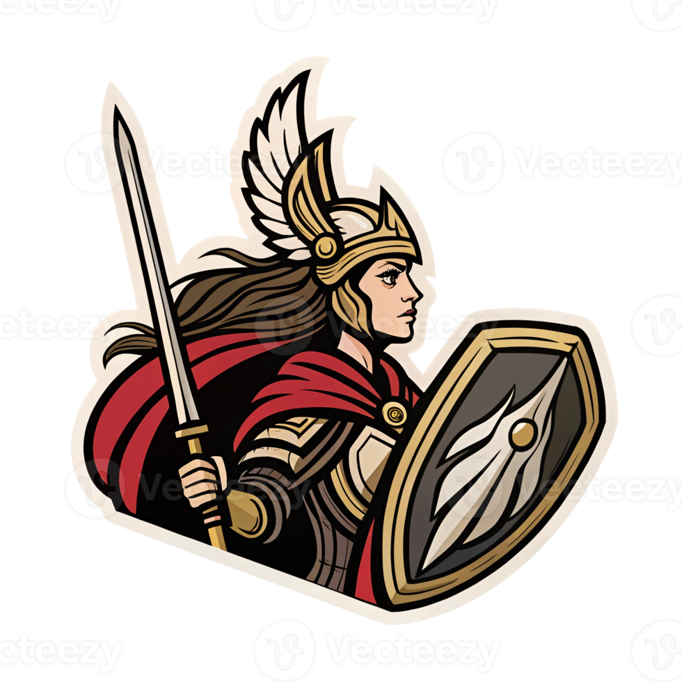 Warrior Woman in Armor with Shield and Sword Dynamic Illustration Transparent Background png