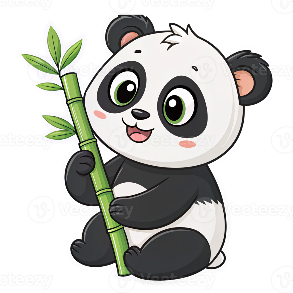 Cute Cartoon Panda Holding Bamboo with Big Eyes and Smiling Expression on Transparent Background png