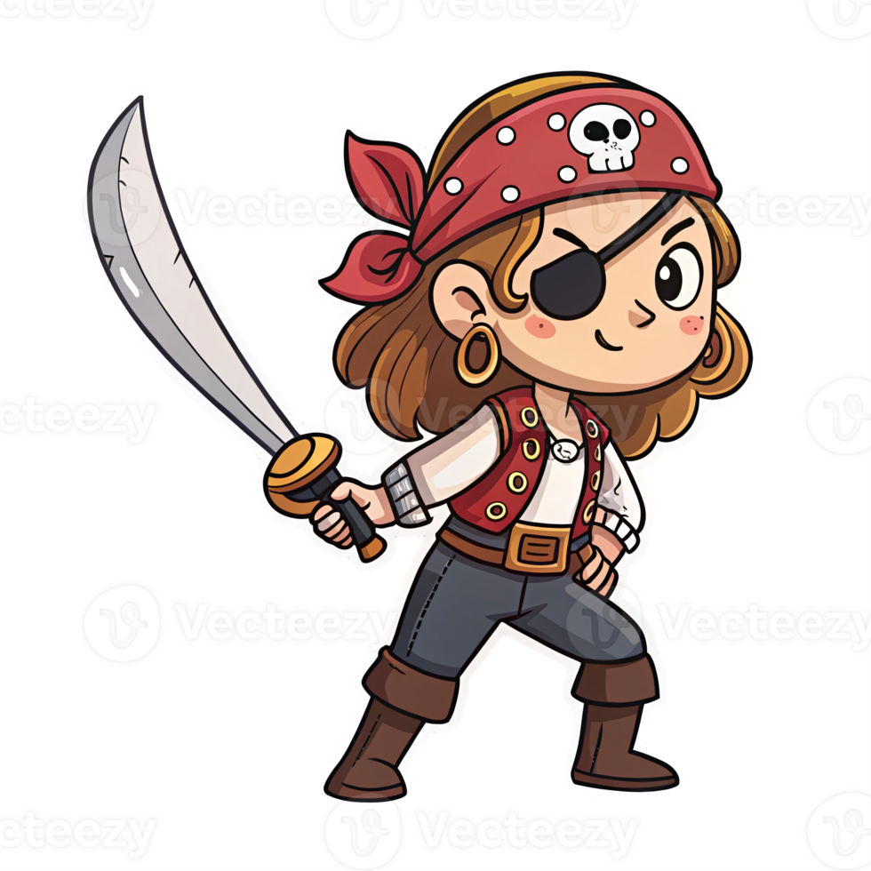 Pirate Girl Character with Sword Wearing Red Bandana and Skull on Transparent Background png